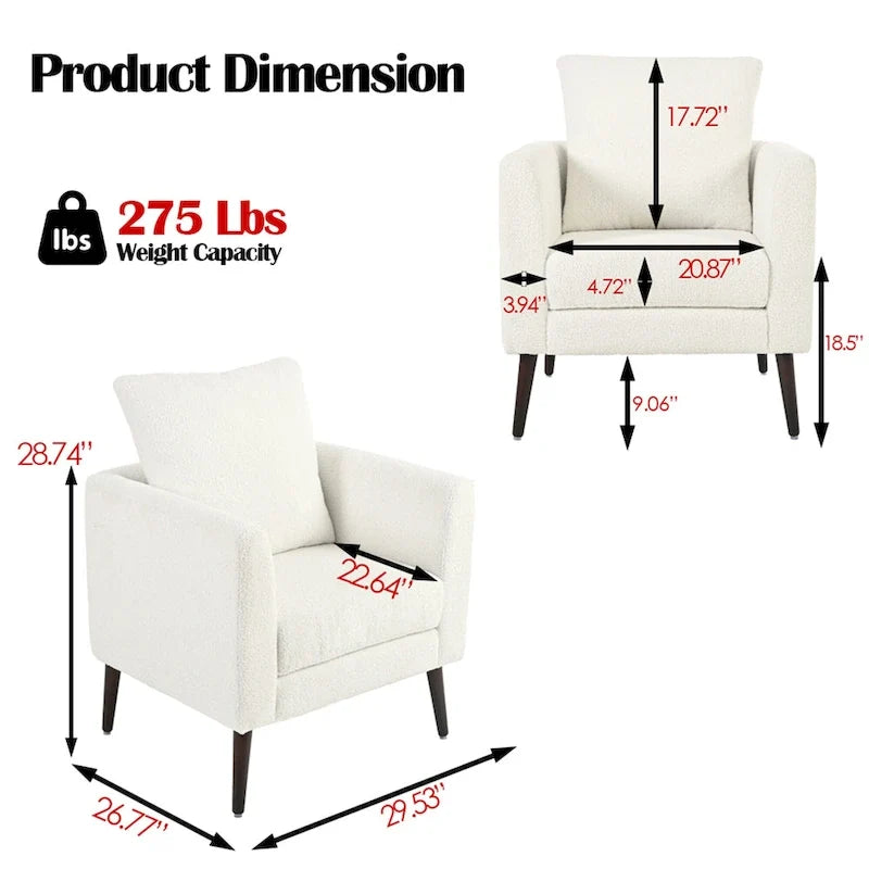 Fauteuil moderne de 26,77 po rembourré avec accoudoirs, pieds en bois massif et coussin lombaire