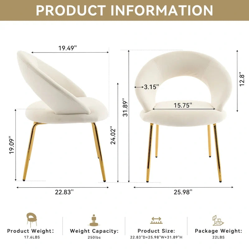 Chaises de salle à manger d'appoint en velours avec dossier incurvé et pieds en métal doré - Capacité de 113 kg
