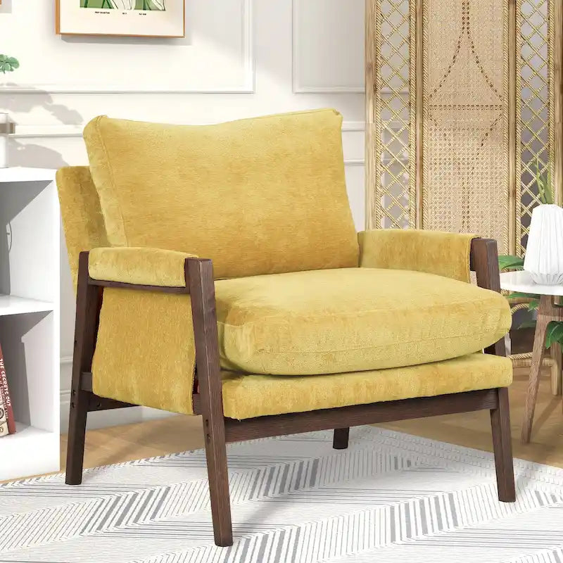 Yellow Mid-Century Modern 35.4 Velvet Arm Chair with Solid Rubber Wood Frame and Padded Feet