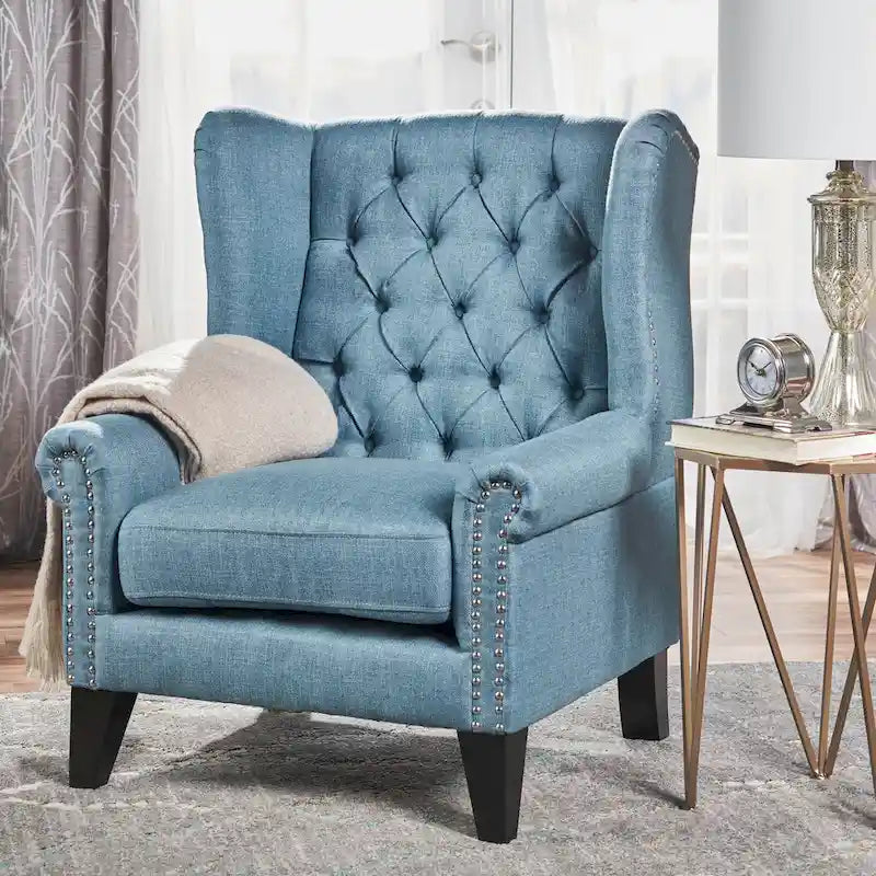Blue Modern 30 High Back Upholstered Button Tufted Accent Chair with Nailheads for Living Room