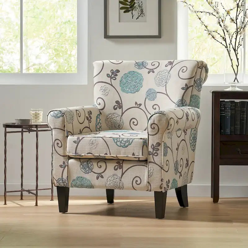 White+Blue Modern 31.75 Upholstered Club Chair with Tapered Birch Wood Legs for Living Room