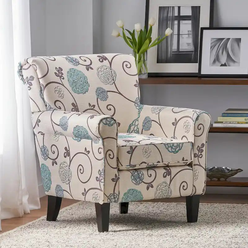 White+Blue Modern 31.75 Upholstered Club Chair with Tapered Birch Wood Legs for Living Room