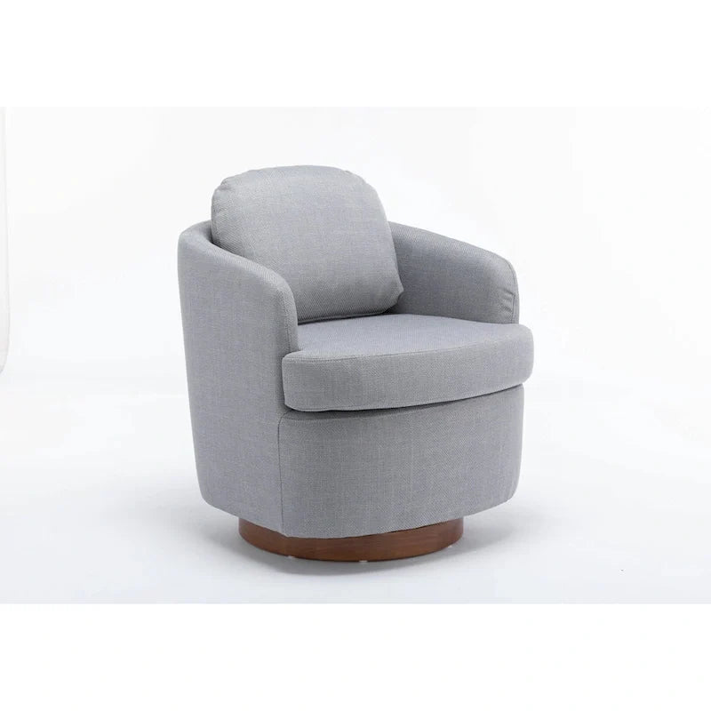 Fauteuil d'appoint pivotant moderne bleu clair 30.3 rembourré avec base ronde en bois massif marron