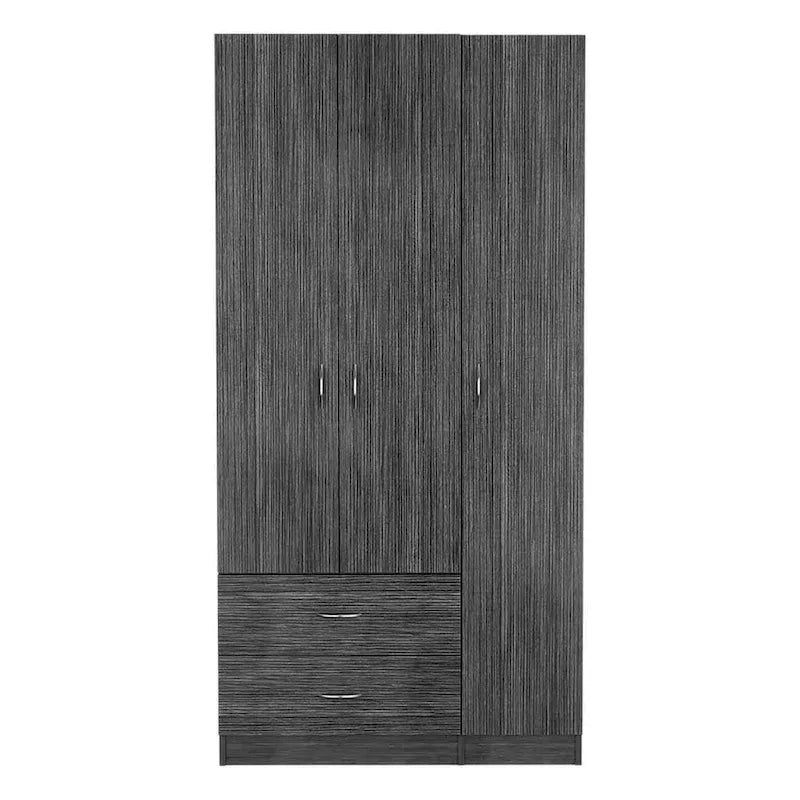 18.5 Armoire moderne à trois portes avec tringle, quatre étagères intérieures et deux tiroirs inférieurs