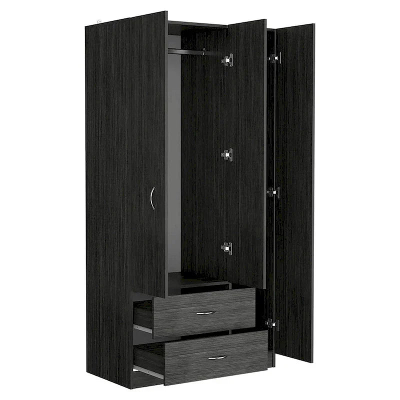 18.5 Armoire moderne à trois portes avec tringle, quatre étagères intérieures et deux tiroirs inférieurs