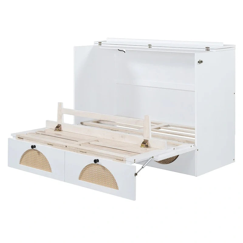 Lit escamotable blanc pleine grandeur avec grand tiroir, ports USB et prises de courant
