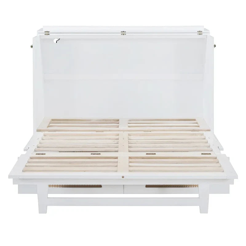 Lit escamotable blanc pleine grandeur avec grand tiroir, ports USB et prises de courant