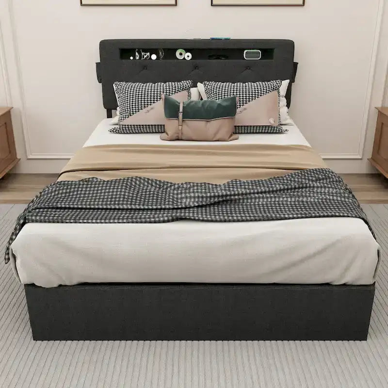 Lit plateforme queen size gris foncé avec 4 tiroirs de rangement, USB et lumières LED