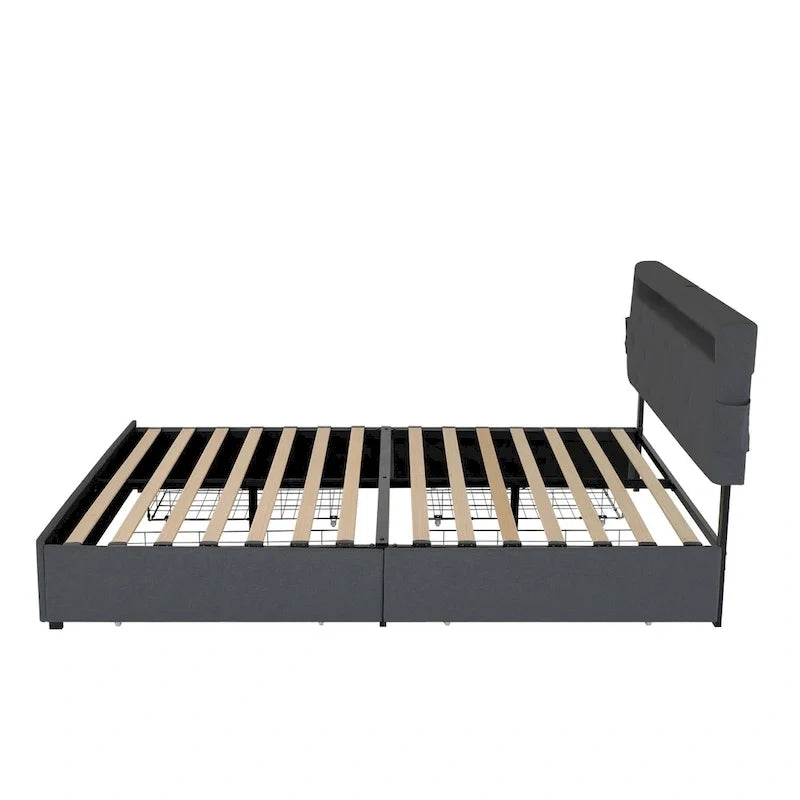 Lit plateforme queen size gris foncé avec 4 tiroirs de rangement, USB et lumières LED
