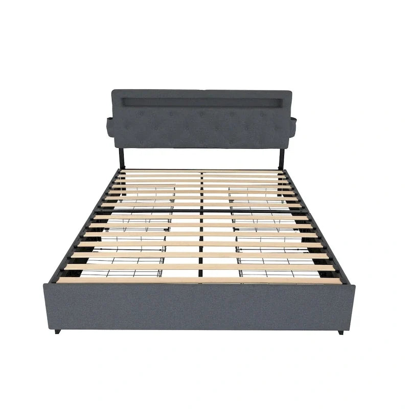 Lit plateforme queen size gris foncé avec 4 tiroirs de rangement, USB et lumières LED