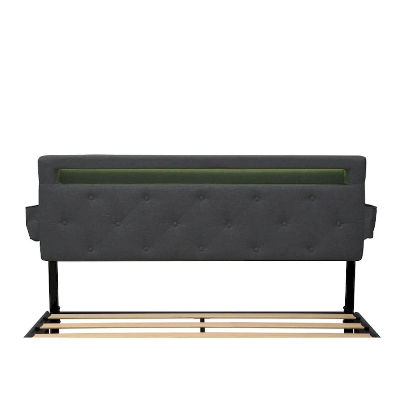 Lit plateforme queen size gris foncé avec 4 tiroirs de rangement, USB et lumières LED