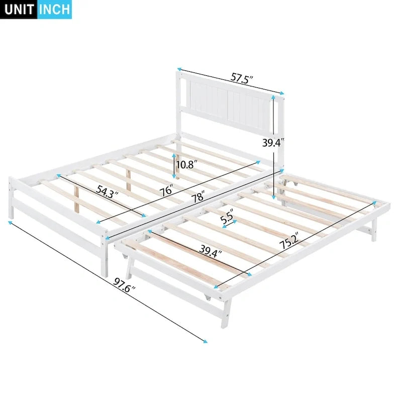 Modern Full Size Pine Wood Platform Bed with Adjustable Trundle