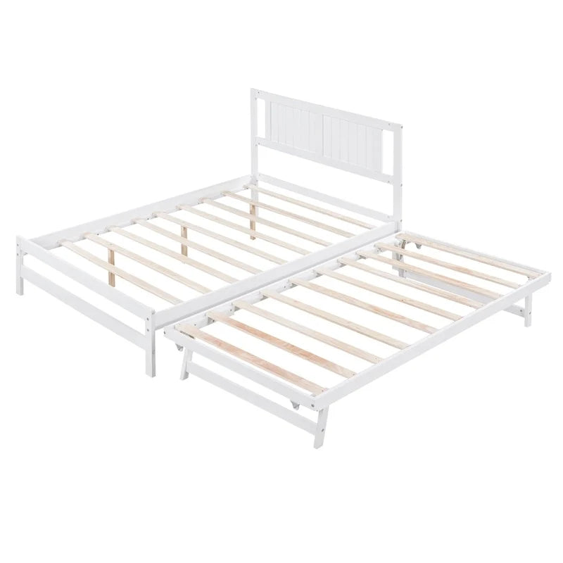 Modern Full Size Pine Wood Platform Bed with Adjustable Trundle