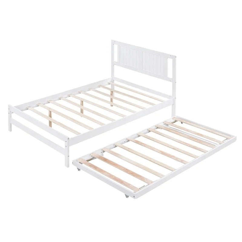 Modern Full Size Pine Wood Platform Bed with Adjustable Trundle