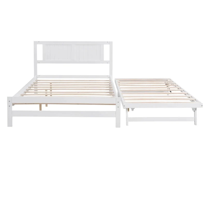 Modern Full Size Pine Wood Platform Bed with Adjustable Trundle