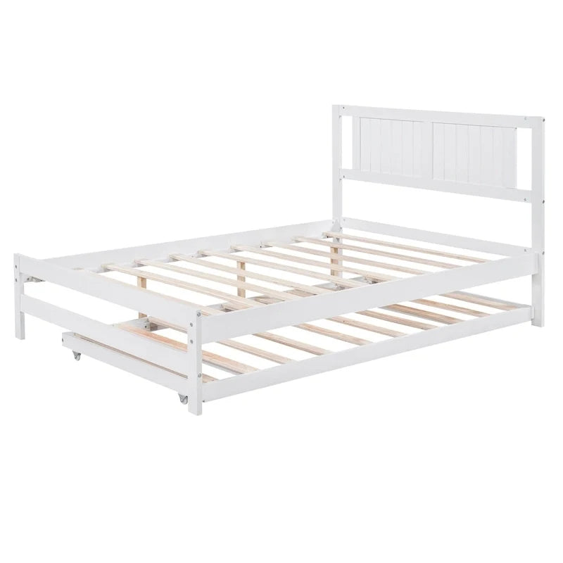 Modern Full Size Pine Wood Platform Bed with Adjustable Trundle