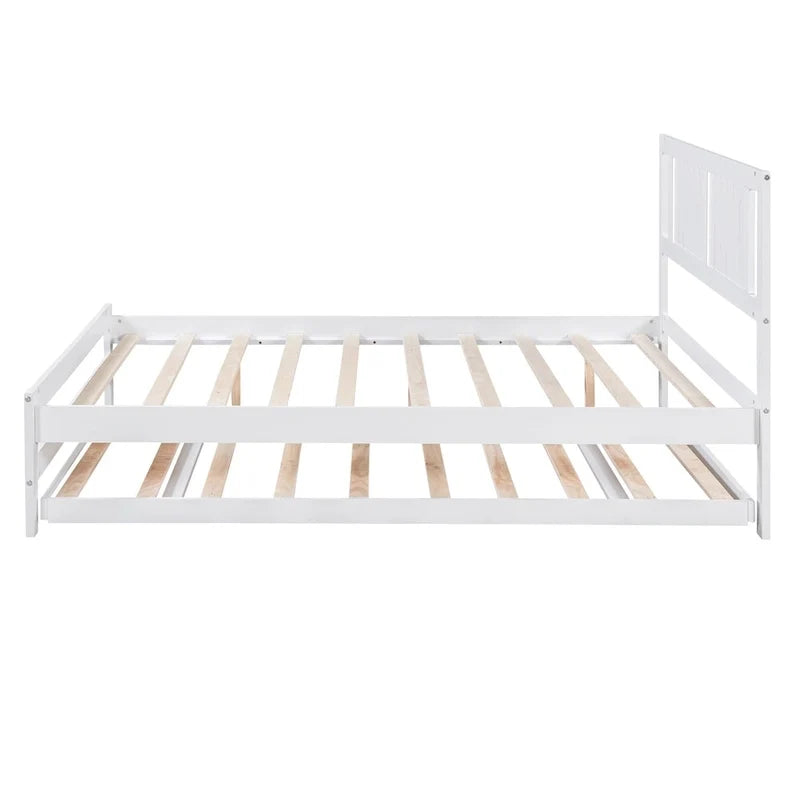 Modern Full Size Pine Wood Platform Bed with Adjustable Trundle