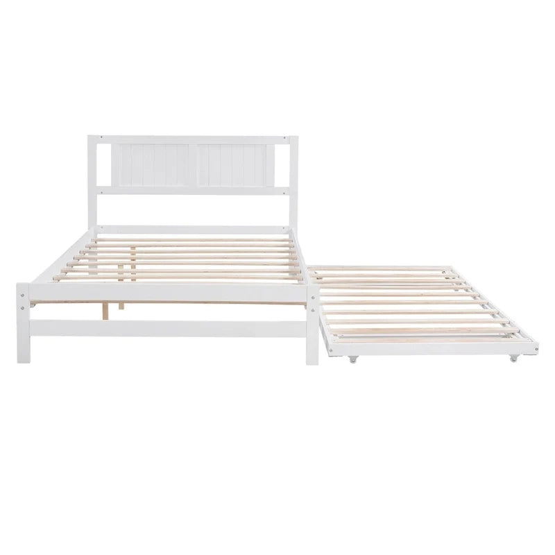 Modern Full Size Pine Wood Platform Bed with Adjustable Trundle
