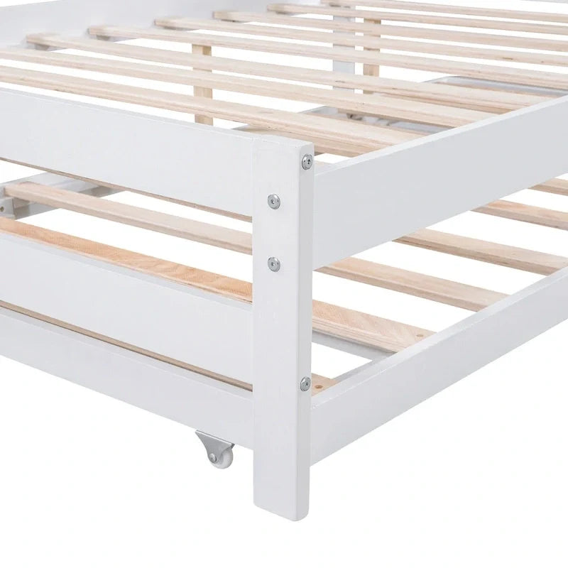 Modern Full Size Pine Wood Platform Bed with Adjustable Trundle
