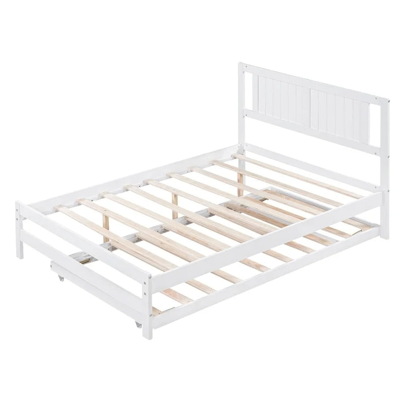 Modern Full Size Pine Wood Platform Bed with Adjustable Trundle