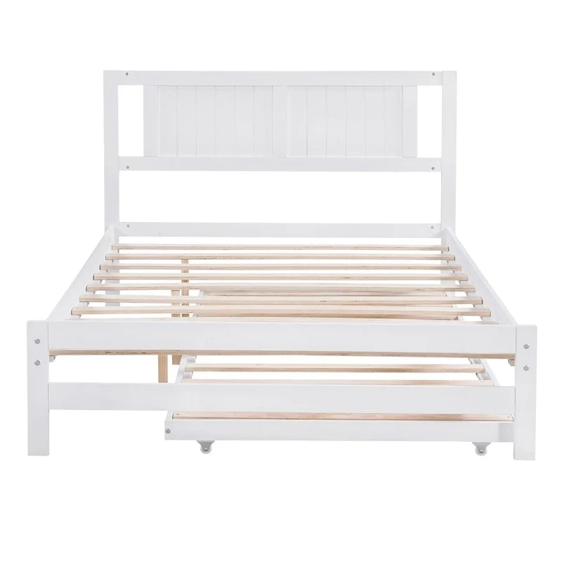 Modern Full Size Pine Wood Platform Bed with Adjustable Trundle