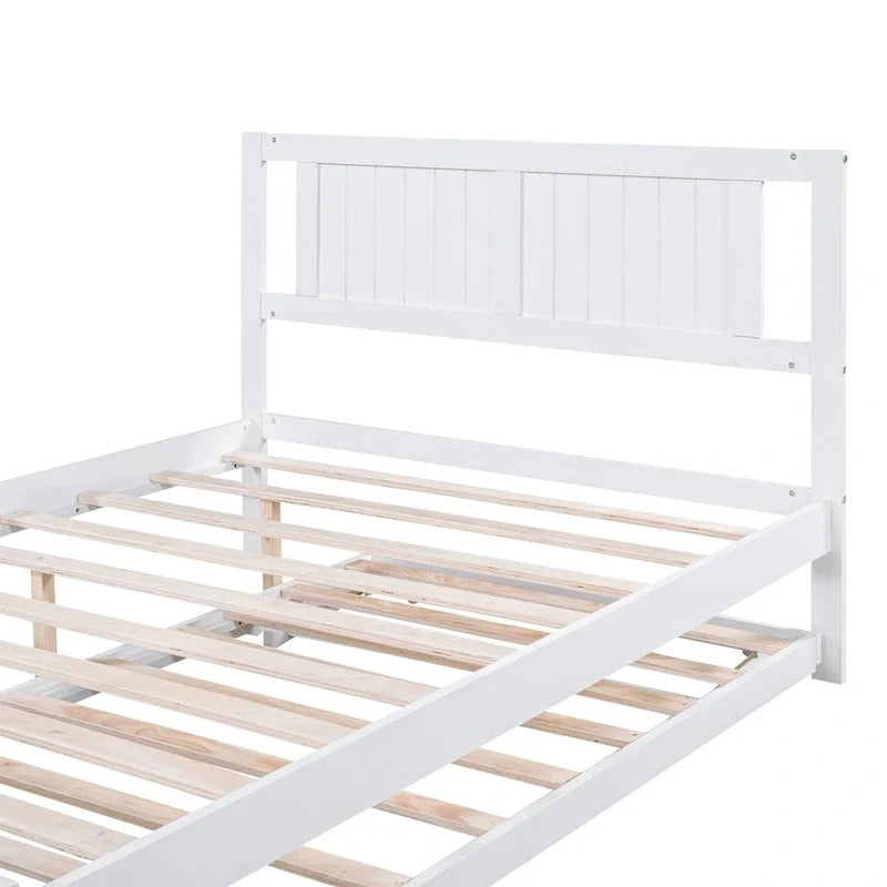 Modern Full Size Pine Wood Platform Bed with Adjustable Trundle