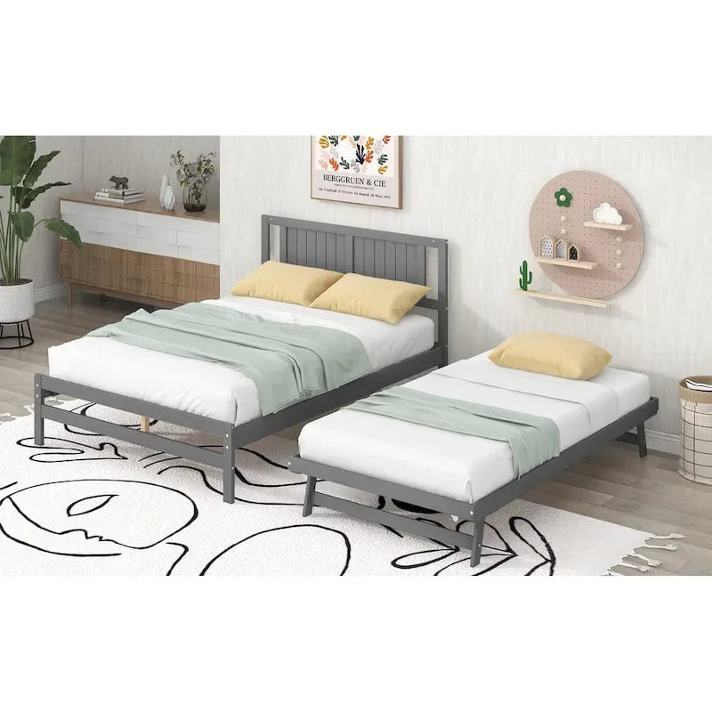 Modern Full Size Pine Wood Platform Bed with Adjustable Trundle