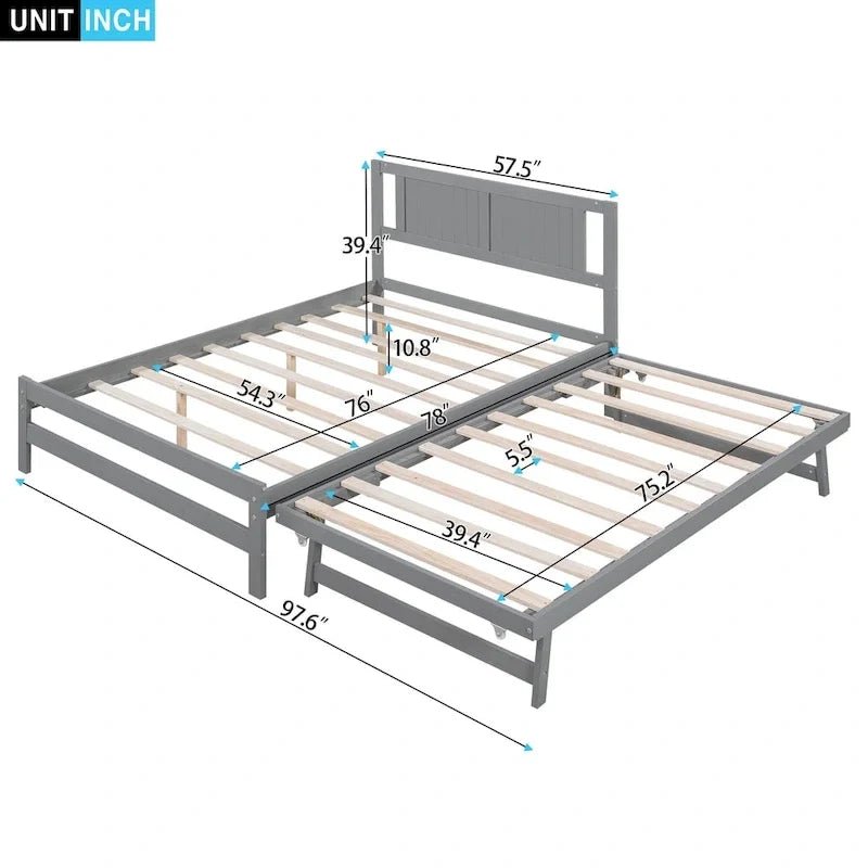 Modern Full Size Pine Wood Platform Bed with Adjustable Trundle
