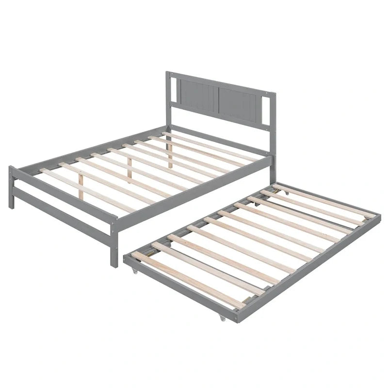 Modern Full Size Pine Wood Platform Bed with Adjustable Trundle