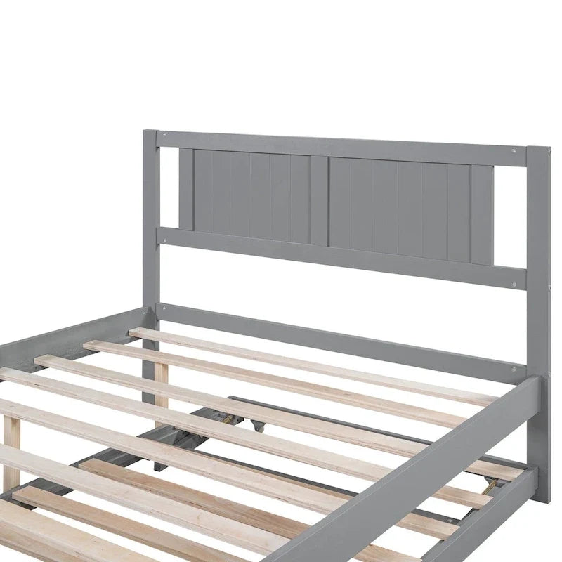 Modern Full Size Pine Wood Platform Bed with Adjustable Trundle