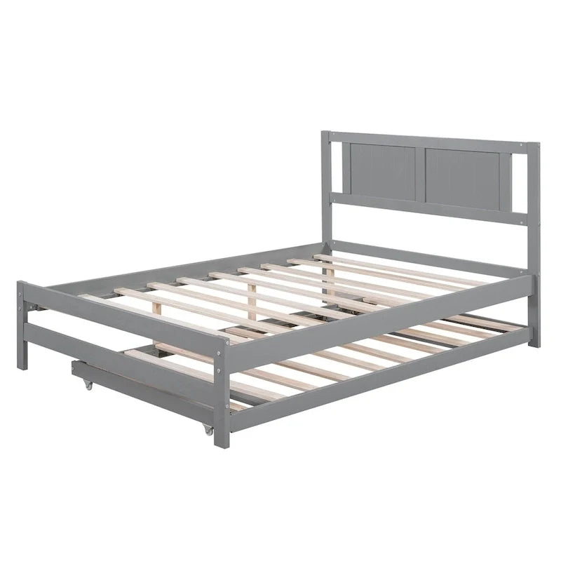 Modern Full Size Pine Wood Platform Bed with Adjustable Trundle