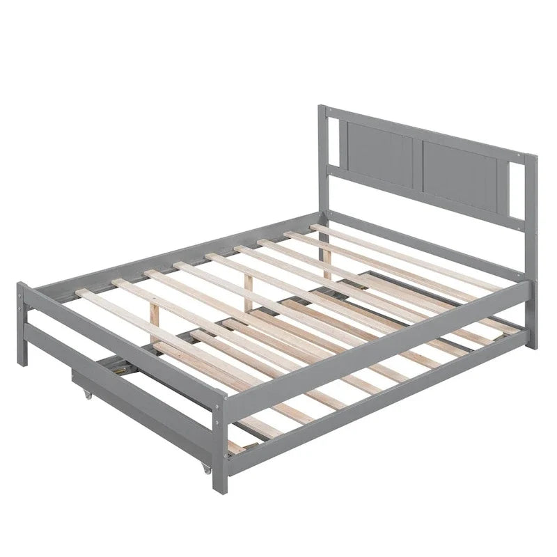 Modern Full Size Pine Wood Platform Bed with Adjustable Trundle