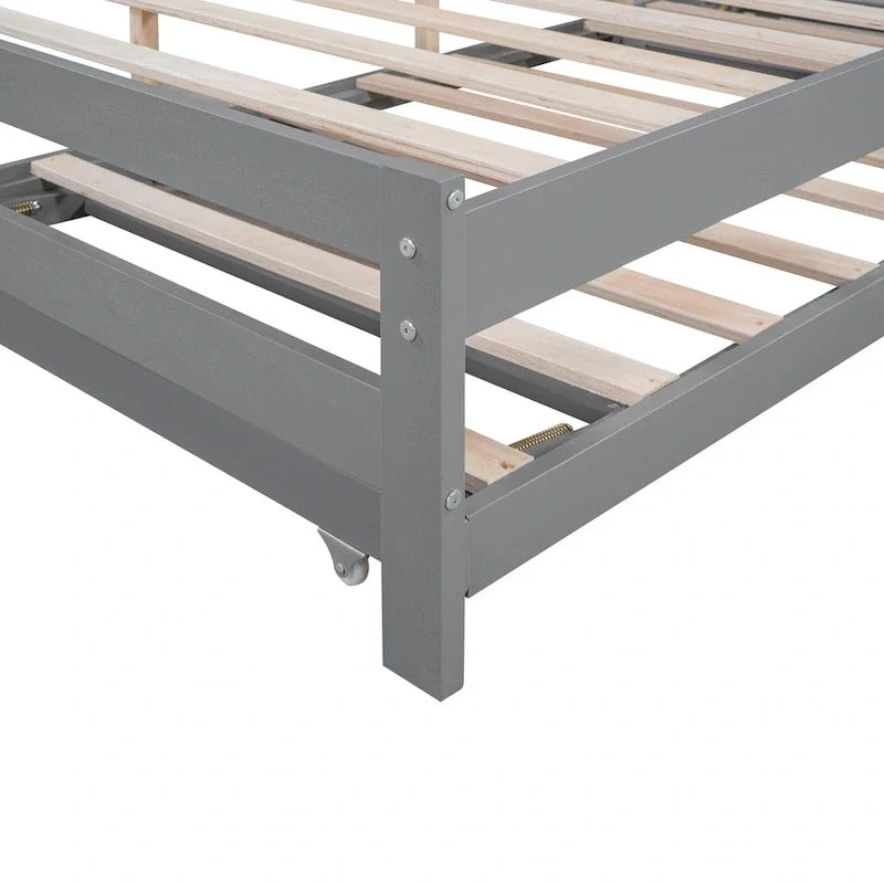 Modern Full Size Pine Wood Platform Bed with Adjustable Trundle