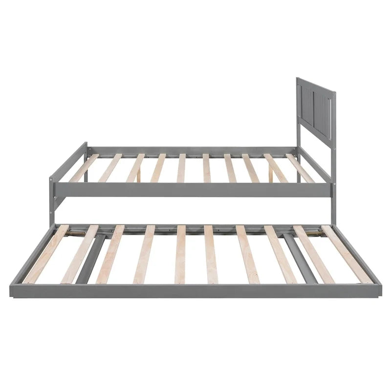Modern Full Size Pine Wood Platform Bed with Adjustable Trundle