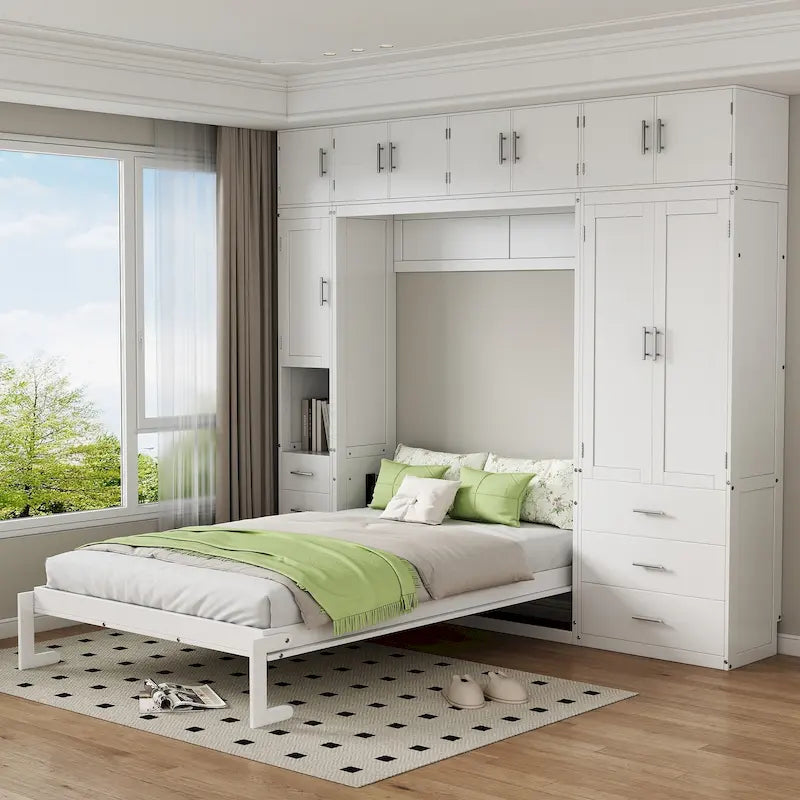 Letto a muro matrimoniale bianco moderno con cassetti, armadietti e guardaroba