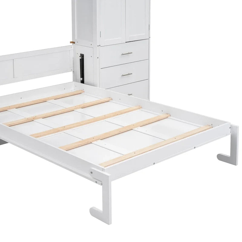 Letto a muro matrimoniale bianco moderno con cassetti, armadietti e guardaroba