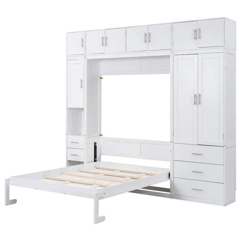 Letto a muro matrimoniale bianco moderno con cassetti, armadietti e guardaroba