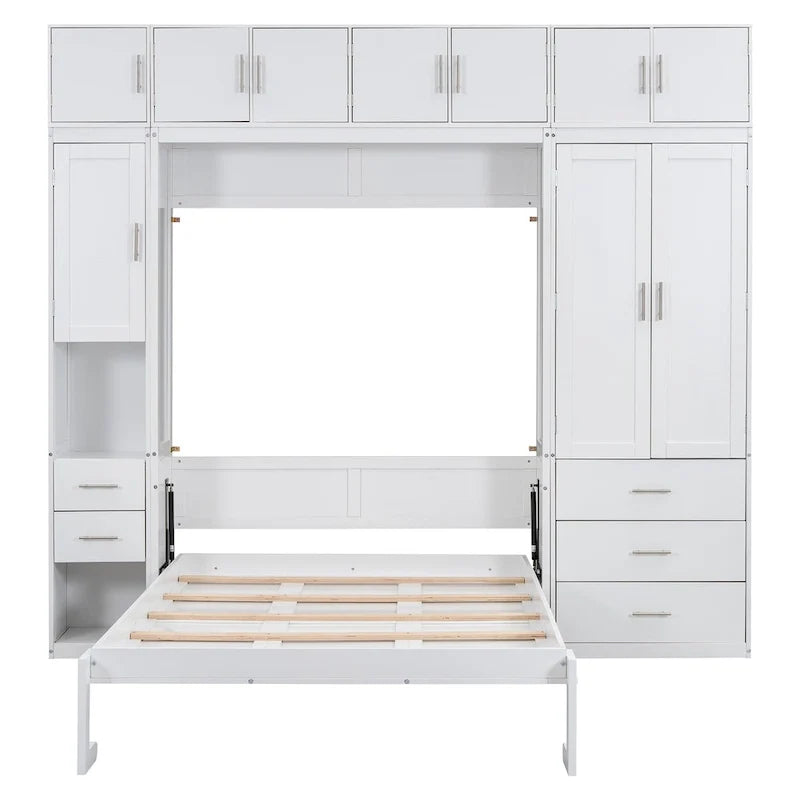 Letto a muro matrimoniale bianco moderno con cassetti, armadietti e guardaroba