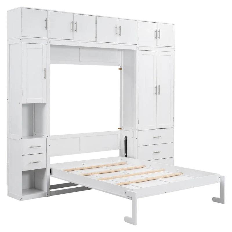 Letto a muro matrimoniale bianco moderno con cassetti, armadietti e guardaroba