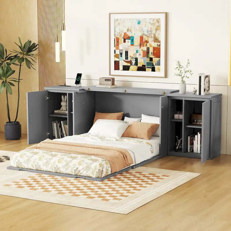 Lit escamotable gris pleine grandeur avec étagères, armoires et ports de chargement USB