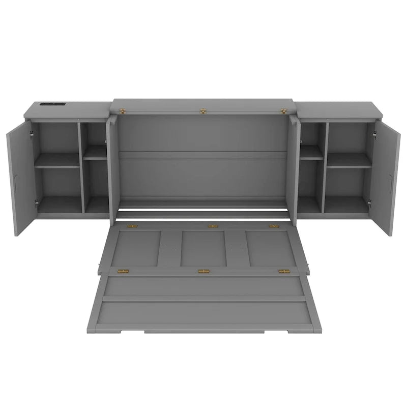 Lit escamotable gris pleine grandeur avec étagères, armoires et ports de chargement USB