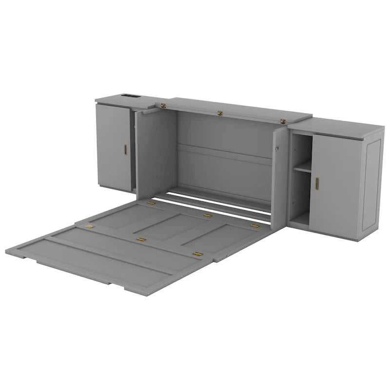 Lit escamotable gris pleine grandeur avec étagères, armoires et ports de chargement USB