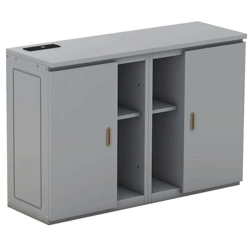 Lit escamotable gris pleine grandeur avec étagères, armoires et ports de chargement USB