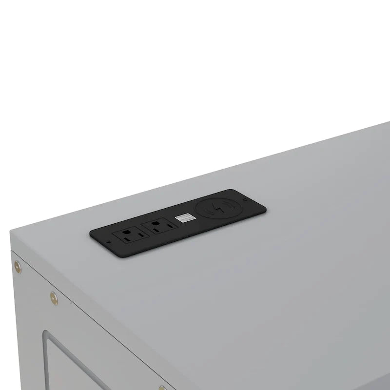 Lit escamotable gris pleine grandeur avec étagères, armoires et ports de chargement USB