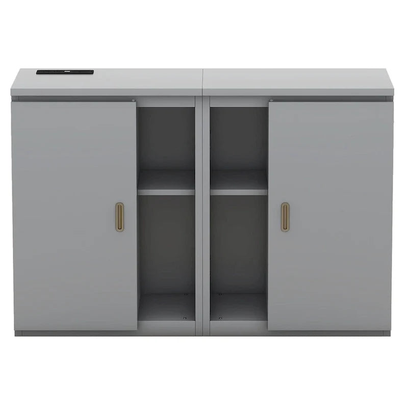 Lit escamotable gris pleine grandeur avec étagères, armoires et ports de chargement USB