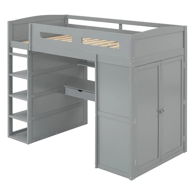 Gray Twin Size Solid Wood Loft Bed with Desk, Wardrobes, and Shelves