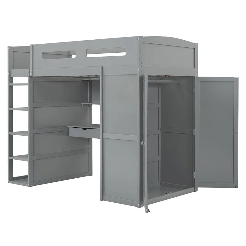 Gray Twin Size Solid Wood Loft Bed with Desk, Wardrobes, and Shelves