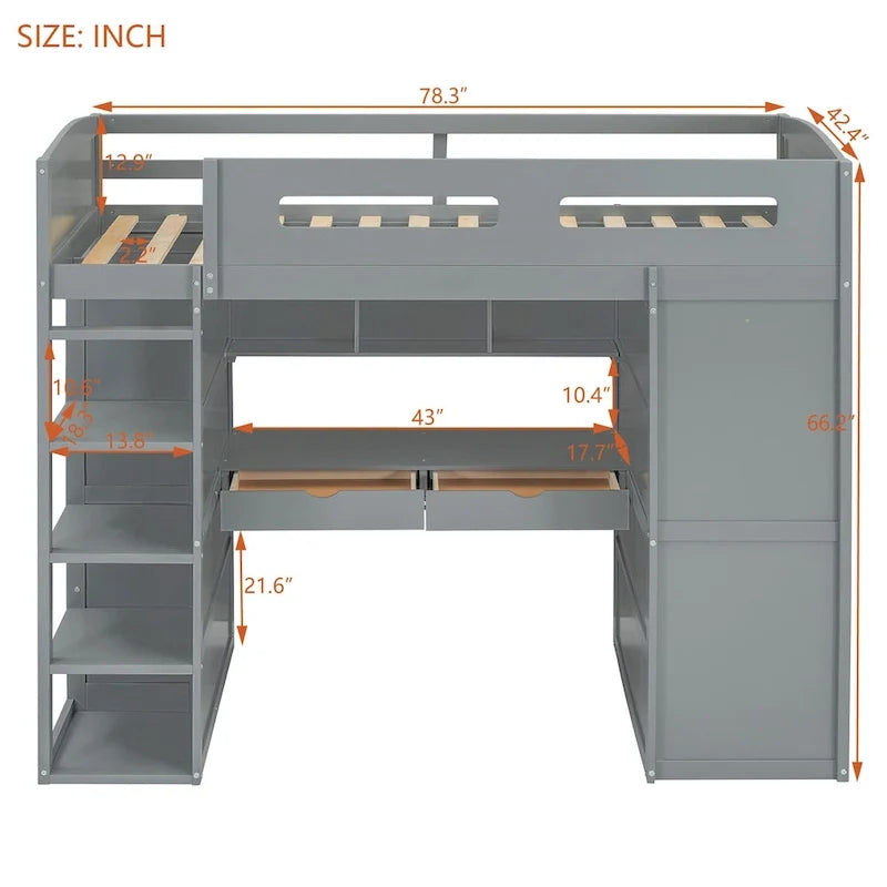 Gray Twin Size Solid Wood Loft Bed with Desk, Wardrobes, and Shelves