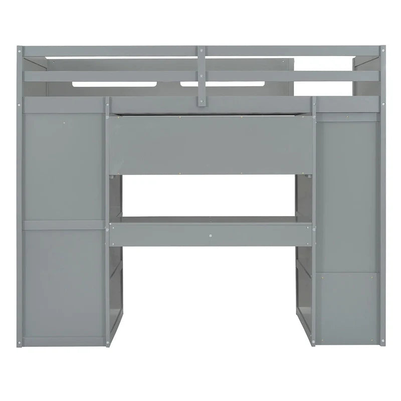 Gray Twin Size Solid Wood Loft Bed with Desk, Wardrobes, and Shelves