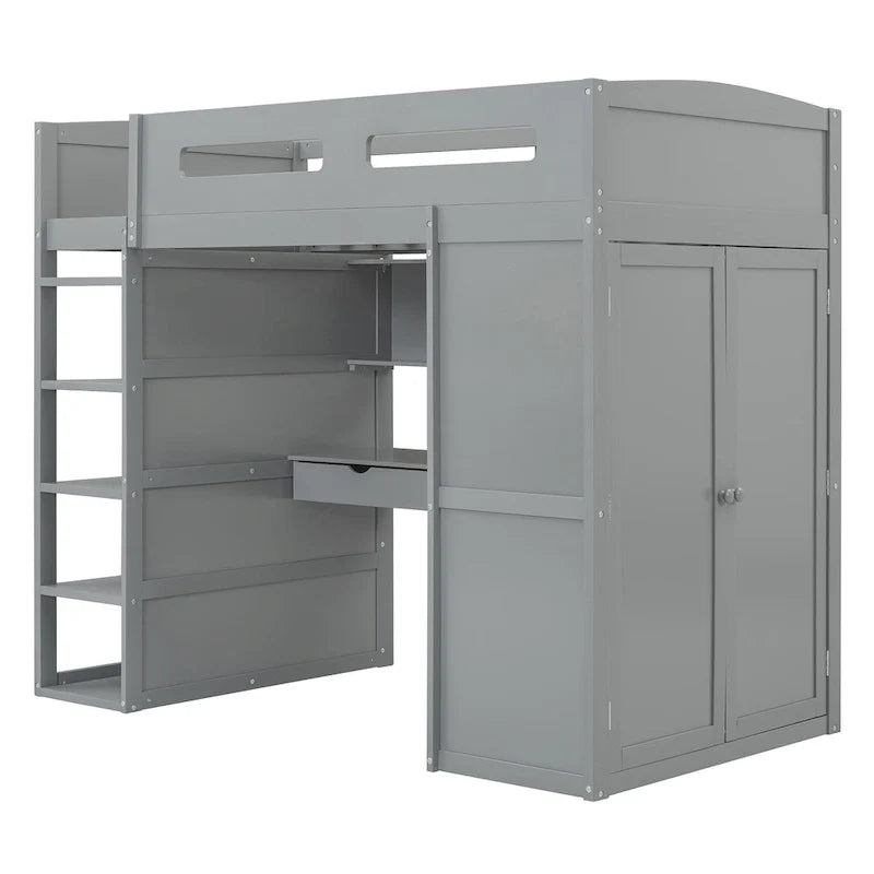 Gray Twin Size Solid Wood Loft Bed with Desk, Wardrobes, and Shelves